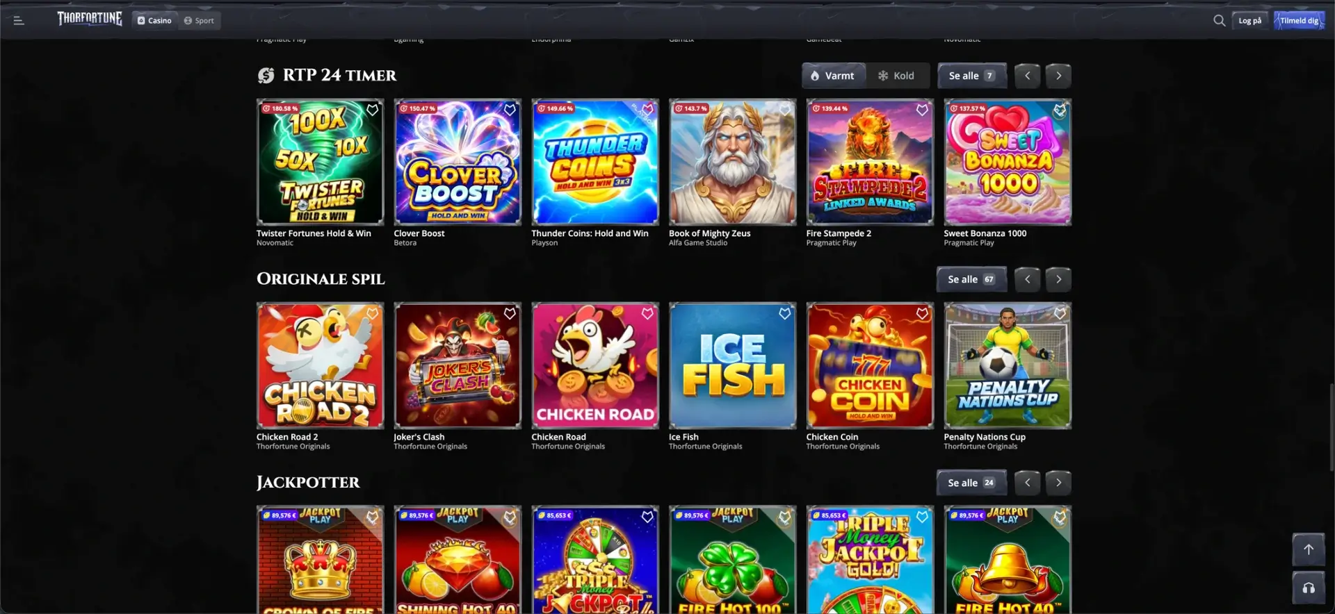 RTP, originale spil og jackpotter hos Thor Fortune