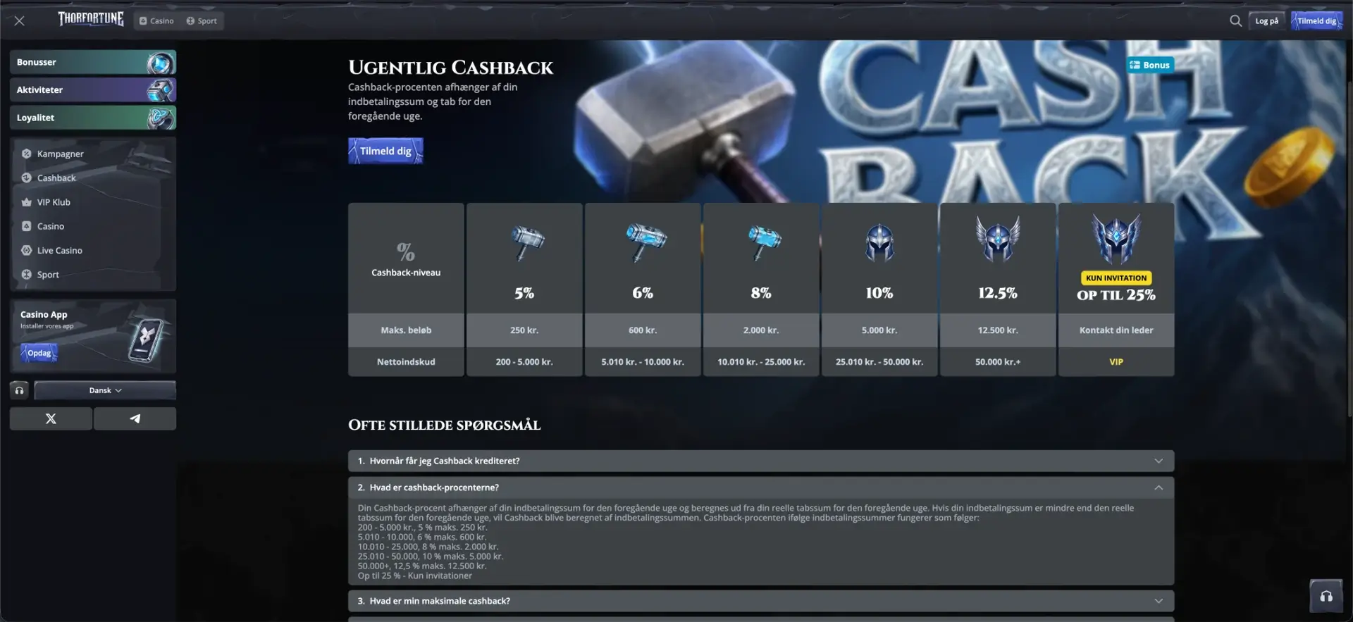 Ugentlig cashback hos Thor Fortune
